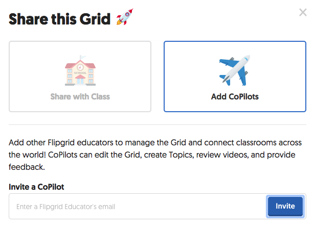 This is an image of the Share this Grid pop-up with Add Co-Pilots selected. Below is a box to enter the email address of a co-pilot and an Invite button. 